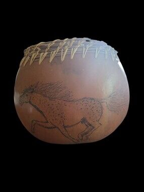Handcrafted Brown Gourd Vase with Horse Etching
